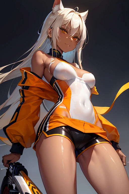 masterpiece, best quality, 1girl, solo, tove, headgear, braid, orange bodysuit, jacket, grin, looking at viewer, blush, long sleeves, full body, hood, salute, squatting,