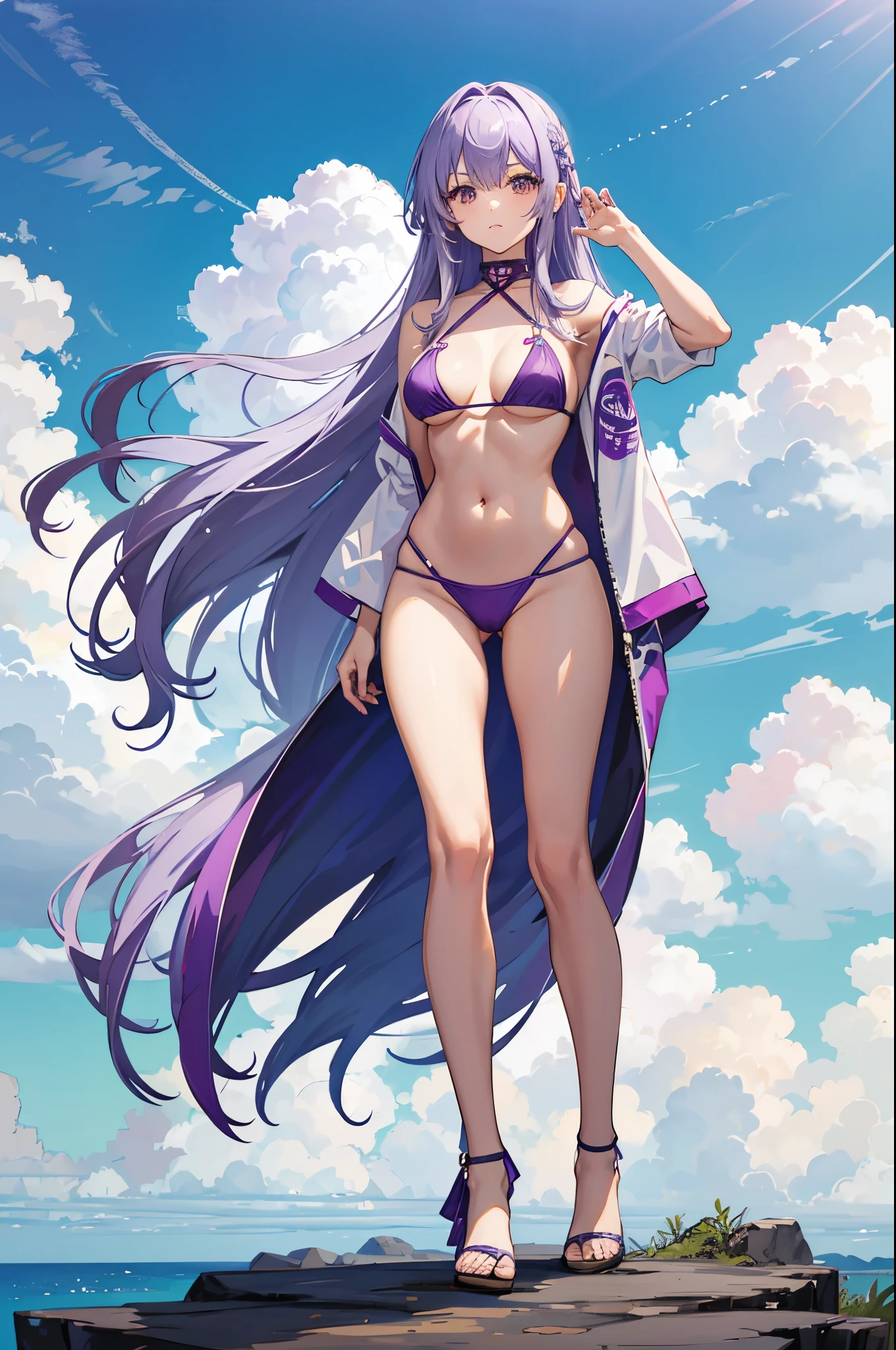 1woman, light purple hair, long hair, bikini, standing on ground, high res, ultra sharp, 8K, masterpiece