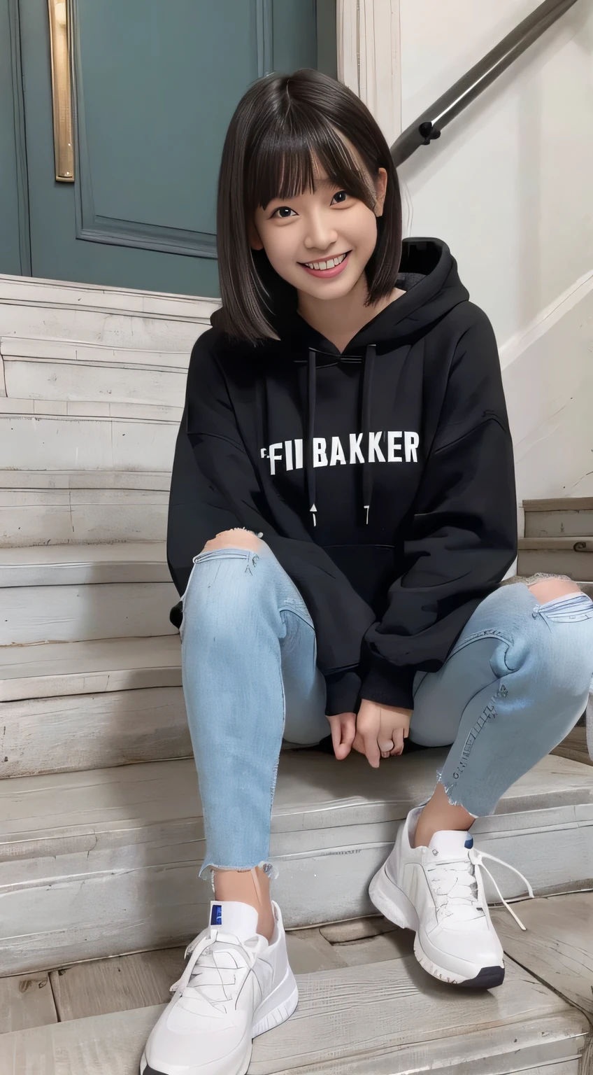 highest quality, Realistic, Very detailed, Finer details, High resolution, 8k wallpaper, One beautiful woman,Sit on the stairs、（Wear black socks）smile、（Beautiful teeth alignment、）（Gums are visible） Oversized hoodie, Skinny jeans,（ Black sneakers）、Black Hair、 Beautiful Bangs、ear piercing、Perfect dynamic composition, Beautiful and detailed, Full Body Shot, A big smile

