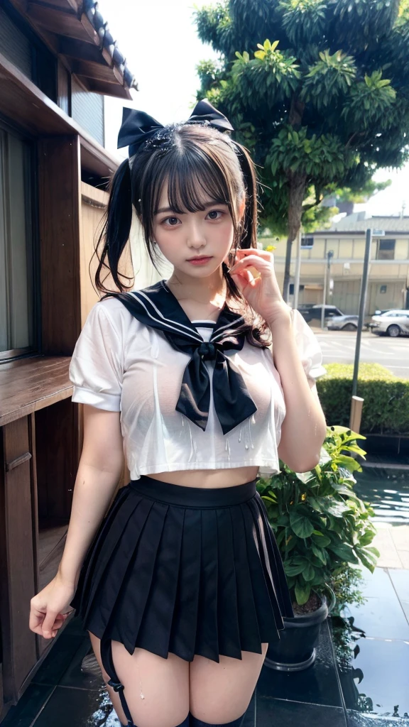 muste piece, best quality, illustration, Super detailed, fine details, High resolution, 8K,wall paper, perfect dynamic composition,(Details High quality, realistic depiction of eyes:1.3), short hair, (wavy hair:1.2), (Black Sailor Uniform, serafuku, Navy pleated skirt), (nup, wet:1.2), huge breasts, black hair color, Big Natural Color Lip, bold sexy pose, crying a little、cold gaze, Harajuku style、20 year old girl、cute type、ta、beautiful legs, hotel room, full body photo、focus on crotch, hposing Gravure Idol
