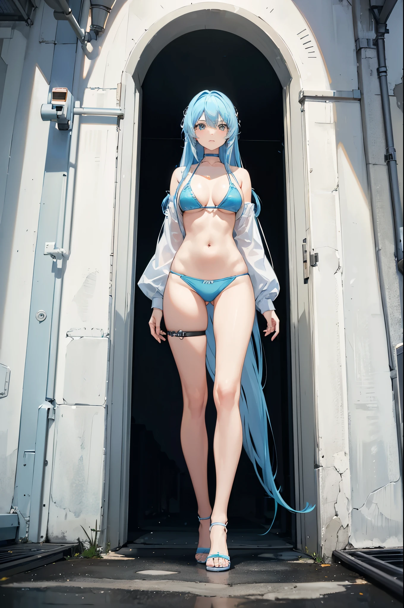 1woman, light blue hair, long hair, bikini, standing on ground, high res, ultra sharp, 8K, masterpiece