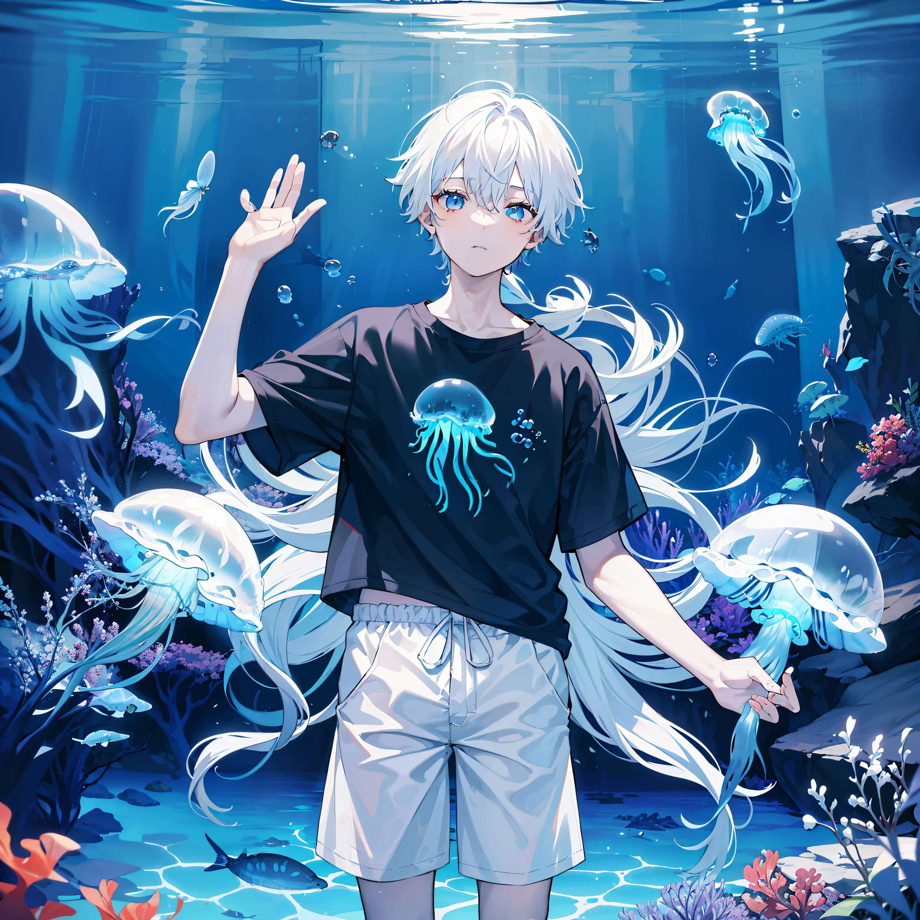 masterpiece, best quality, (((1boy))), (wearing a blue shirt), (There is a jellyfish on the head.), (white hair), black shorts, ((solo)), fashionable,Under water, (in side tunnel aquarium),