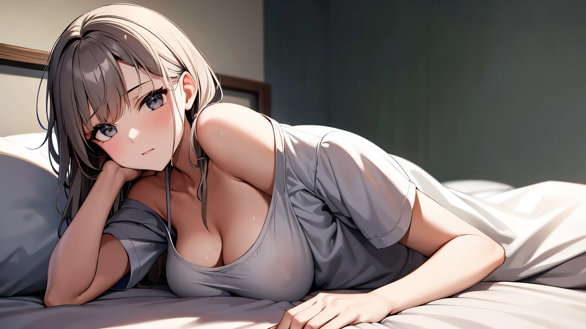 arafed woman young girl, She is wearing a loose grey t shirt womens hanging boob c cup no bra on sleeping on bed 18 old b cup