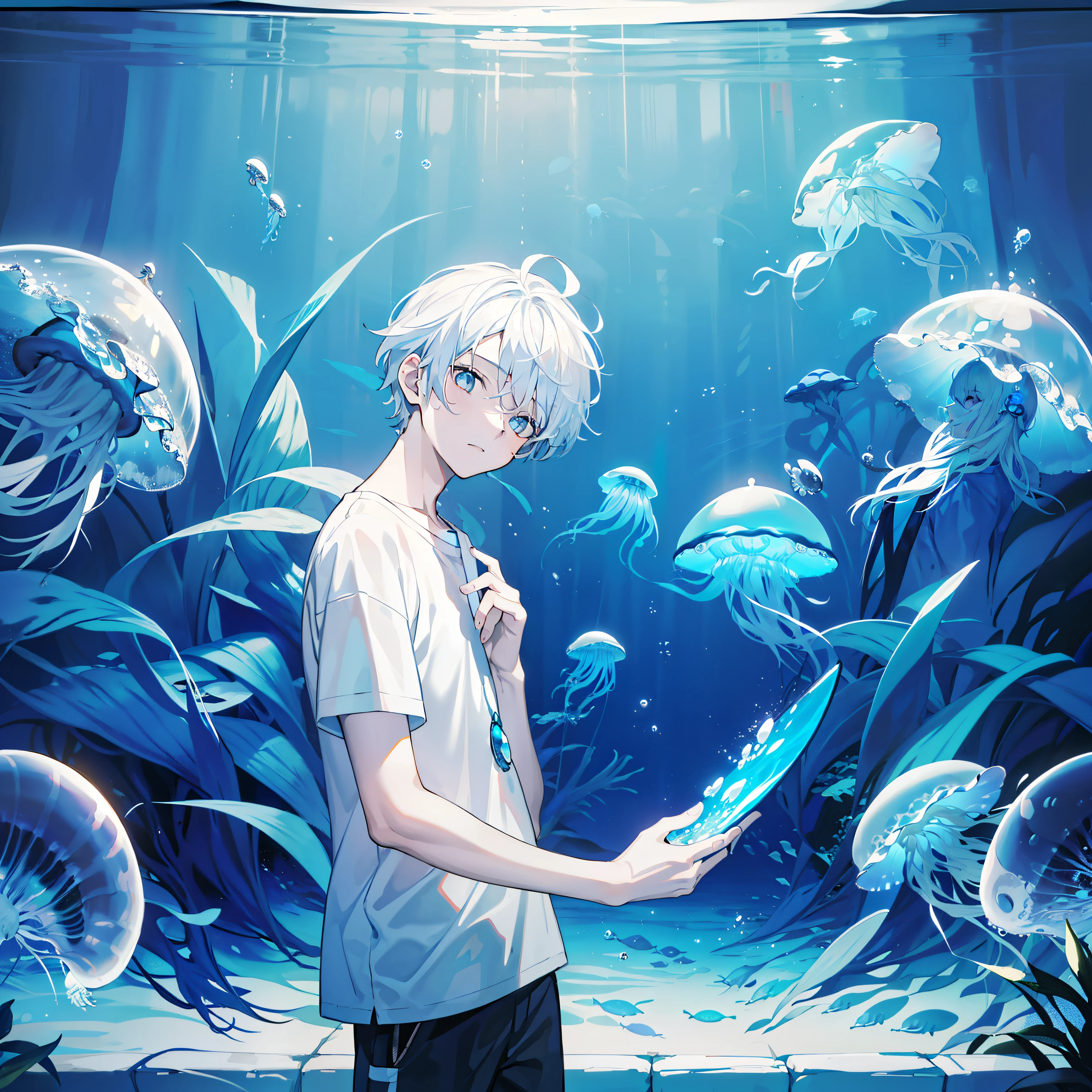 masterpiece, best quality, (((1boy))), (wearing a blue shirt), (wearing a jellyfish hat), (white hair), black shorts, ((solo)), fashionable,Under water, (in side tunnel aquarium),