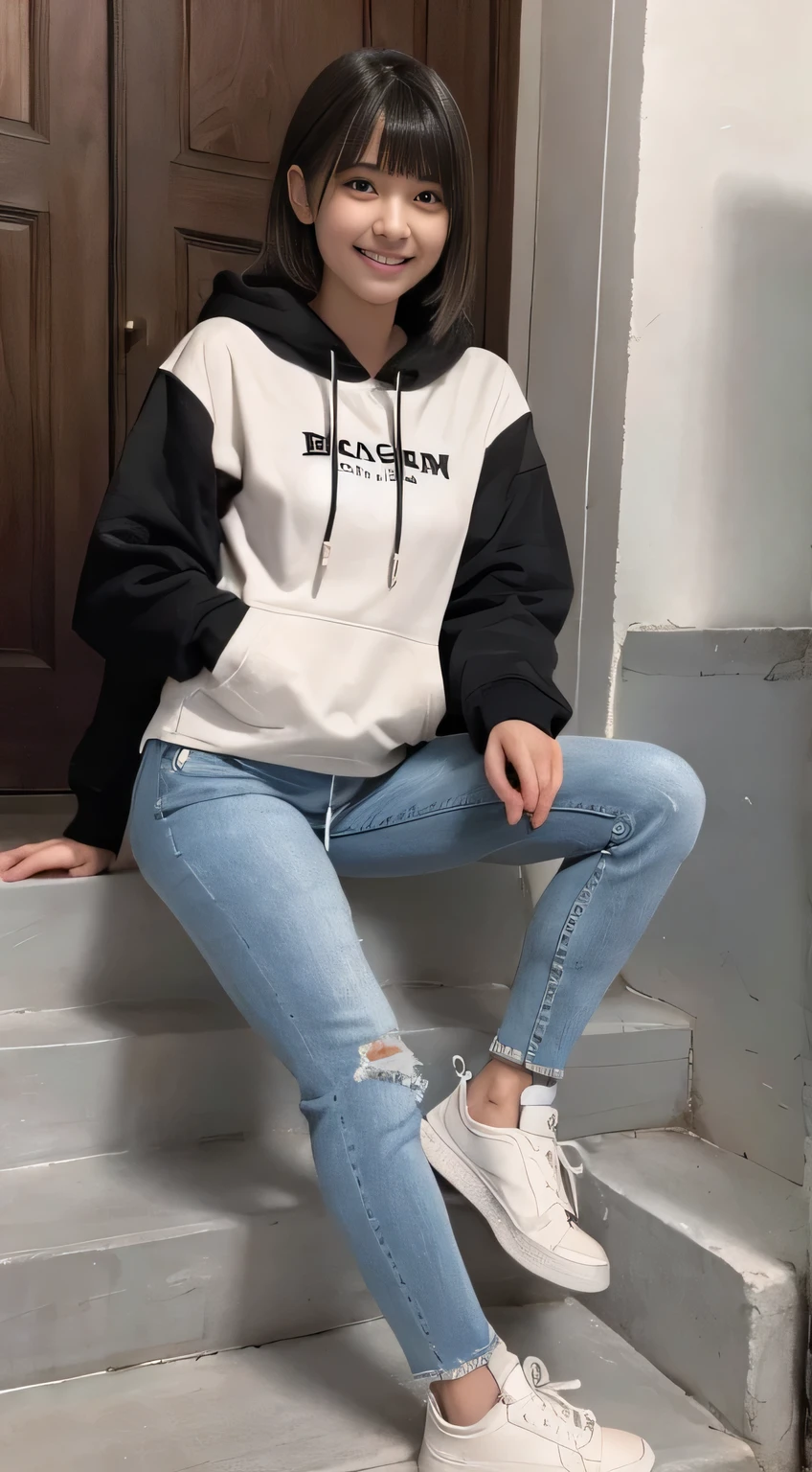 highest quality, Realistic, Very detailed, Finer details, High resolution, 8k wallpaper, One beautiful woman,Sit on the stairs、（Wear black socks）smile、（Beautiful teeth alignment、）（Gums are visible） Oversized hoodie, Skinny jeans,（ Black sneakers）、Black Hair、 Beautiful Bangs、ear piercing、Perfect dynamic composition, Beautiful and detailed, Full Body Shot, A big smile

