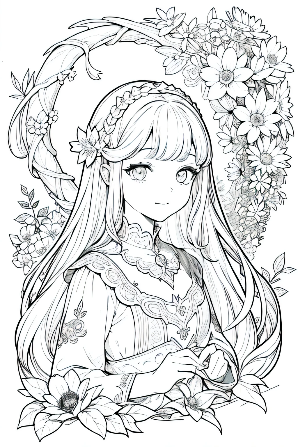 Obra maestra, superlativo,solamente, Dragon cute , flower line drawing background, fondo blanco, monocromo, line drawing, ((bosquejo)), spooky, white eyes, long hair, soft smile,