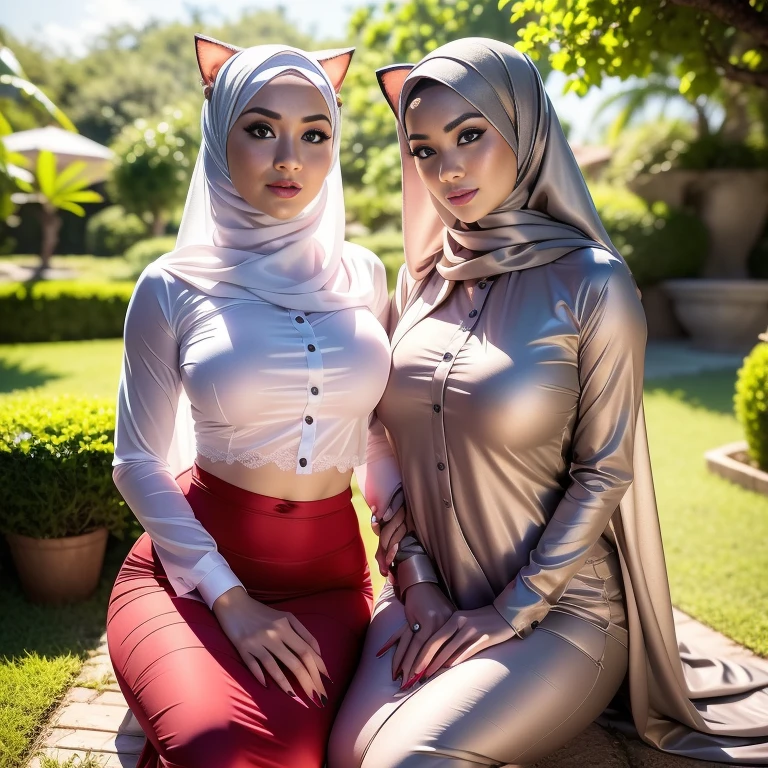 Malaysian girl group ,malay, The whole body consists of a young girl with hijab, Eye makeup, 21yo, (((Cat ears,Cat's paw badge, furry AHRI BALINESE KEBAYA anal fox tails))), Soft lighting, groups, Wear shabby clothes, Dirty, Tattered futuristic military uniform, Pose, spot color, rendering by octane, Ultra-realistic intricate details, Cinematic, 8K resolution, emphasis lightings, (((Huge breast:1.5)))(((FULL NAKED & NUDE))) PERFECT HIJAB STYLE WORKING as PROSTITUTE (((2 girls:1.5, girls standing))) Setting background: Basquiat graffiti wall background,Graffiti artist, urban walls, spray paint cans, bold colors, rebellious strokes, street gallery, artistic , night shadows, public expression, aerosol mastery, layered stencils, cultural messages, graffiti tags, creative risks, vibrant visuals, underground recognition, impactful designs, urban transformation. Art by Mschiffer (((Setting: a woman full Naked and nude))) (((Sexy smile as prostitute porn star))), (((Full body model pose))) (((Red lips))) (((only: pubic hair is hairy:1.3))) (((wearing a Sexy belt design by LV))) Full Naked & nude,  bride very fit physique (38D breast:1.3) , (((Woman with hijab style, hijab prostitute)), (lace stockings), (((Wearing: diamond necklace and earrings))). RAW photo, full sharp, detailed face (high detailed skin:1.2), 8k uhd (extremely beautiful face, sexy lips, beautiful red lips, Clear eyes, beautiful eyes), (big green eyes), pretty girl, face forward, intricate detail face, ((ultra detailed skin)) (skin texture, film grain), Detailed beautiful face, natural tpose, natural facial expression, (((Straight breasts))), Surreal full-body figure, Beautiful and delicate body and face, gorgeous figure, ssmile, Titillating，Surreal full-body figure，Beautiful and detailed body and face, Super vista, White skin of the, vivd colour,🔥8k, masterpiece, RAW photo, best quality, (18k detail:1.2), photorealistic, extremely, deep shadow, earrings, bracelets, necklace,