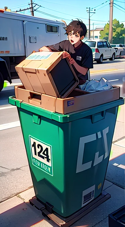A 24-year-old boy working next to a giant trash can is surprised ((teenager))