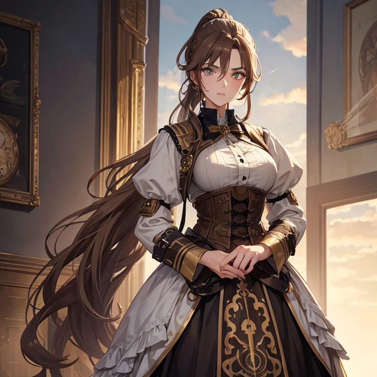 Beautiful tall woman, light complexion, heterochromatic eyes, gray right eye, golden left eye, wavy brown hair in a ponytail, brown and white steampunk clothing