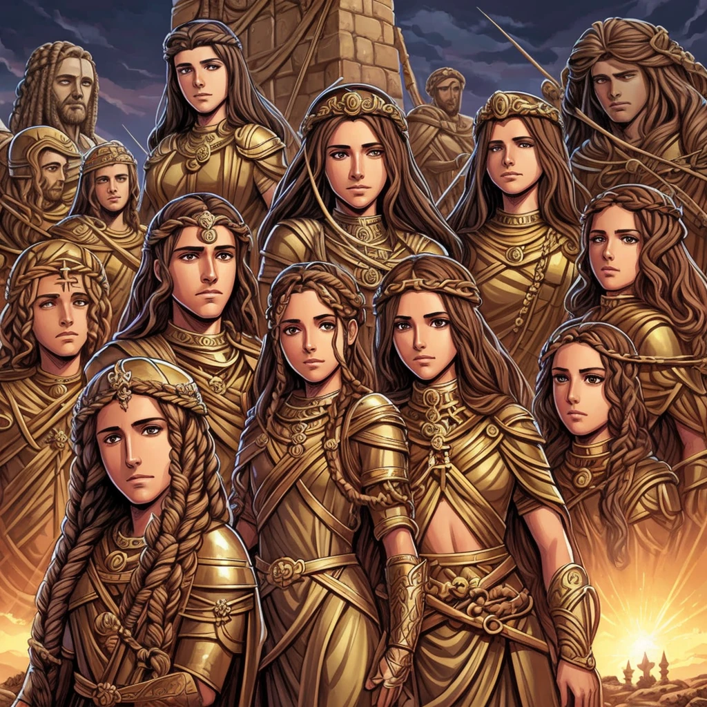 Una portada de un comic sobre dioses mitologicos, un templo arriba varios dioses famosos, en medio medusa a un lado una de las hermanas de medusa y al otro perseo