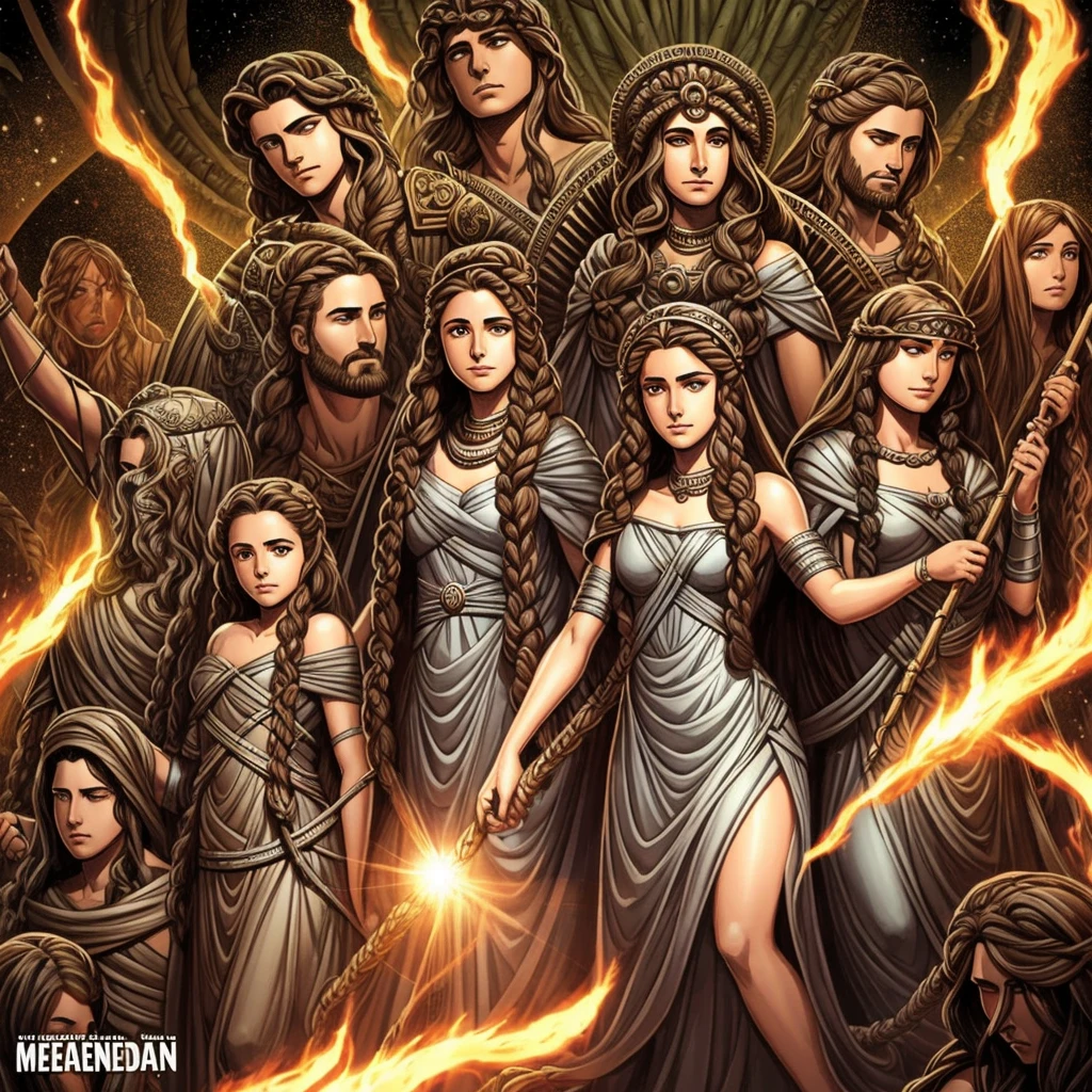 Una portada de un comic sobre dioses mitologicos, un templo arriba varios dioses famosos, en medio medusa a un lado una de las hermanas de medusa y al otro perseo