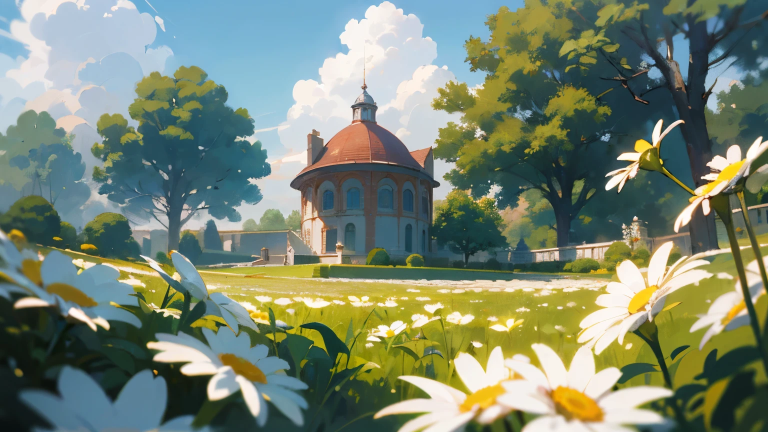 Masterpiece CG, Best image quality and detail, Photorealism (1.4).,in the garden, Surrounded by daisies, The picture adopts artistic thick painting style, Softer brightness, 4K HD Wallpaper, Better volumetric cloud effect., Don&#39;t have anyone