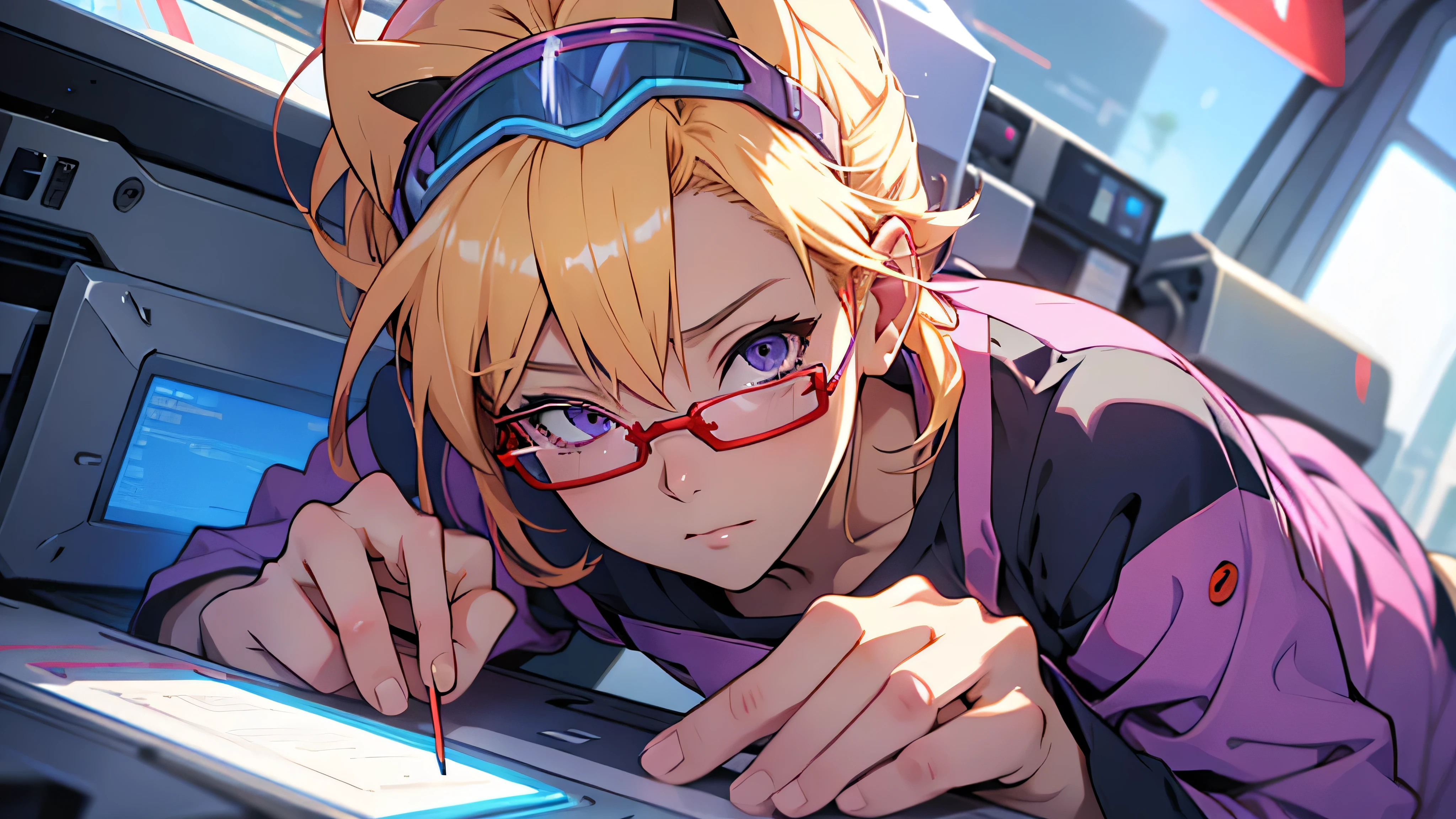 anime,An illustration,purple robot,Mobile Suit,Dom,Light blue check dress,Red glasses,Blonde,Light blue mesh hair,beautiful girl,Sora Sakurano,one person