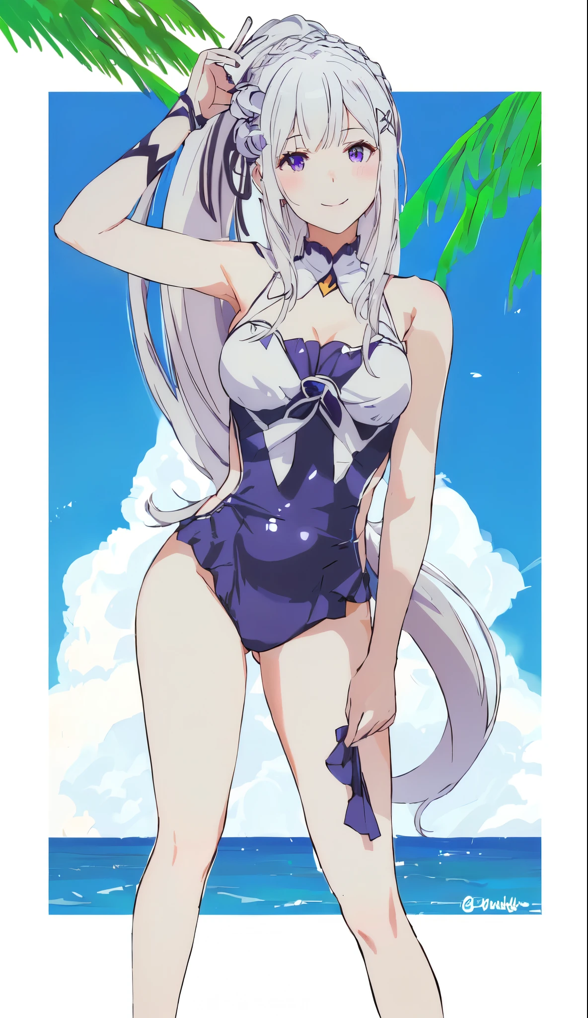 Emilia re:zero, purple eyes, Emilia, crown braid, x hair ornament, flower hair ornament, white hair, long hair, medium breasts, smiling, sweet eyes, holding sunglasses, black swimsuit with white top, holding peace sign above head, anime girl in a swimsuit with a palm tree in the background, is wearing a swimsuit, silver hair (ponytail), tifa lockhart with white hair, azur lane style, fullbody commission for, full body:: sunny weather::, white haired deity, white haired, !!full body portrait!!, perfect white haired girl, swimsuit, shikamimi, white cat girl