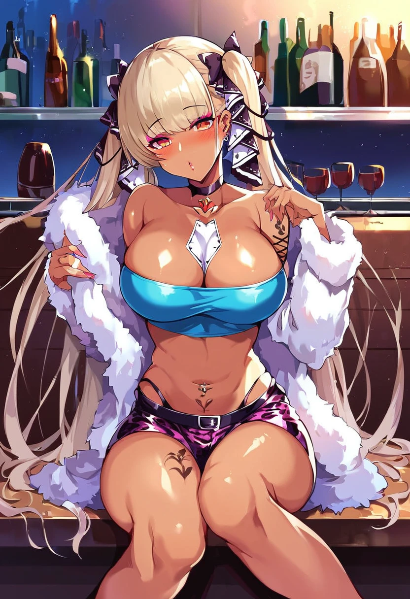 score_9, score_8_up, score_7_up, uncensored, source_anime, 1girl, solo, BREAK formidable_\(azur_lane\), gyaru, very dark skin, dark-skinned female, makeup, eyeshadow, face stickers, piercings, tattoos, colored skin, jet-black skin, shiny skin, metalic tan, BREAK, detailed eyes, solo, crop top, jacket, leopard print, fur shawl, blush, beautiful legs, sitting, in bar, night time, drunk,