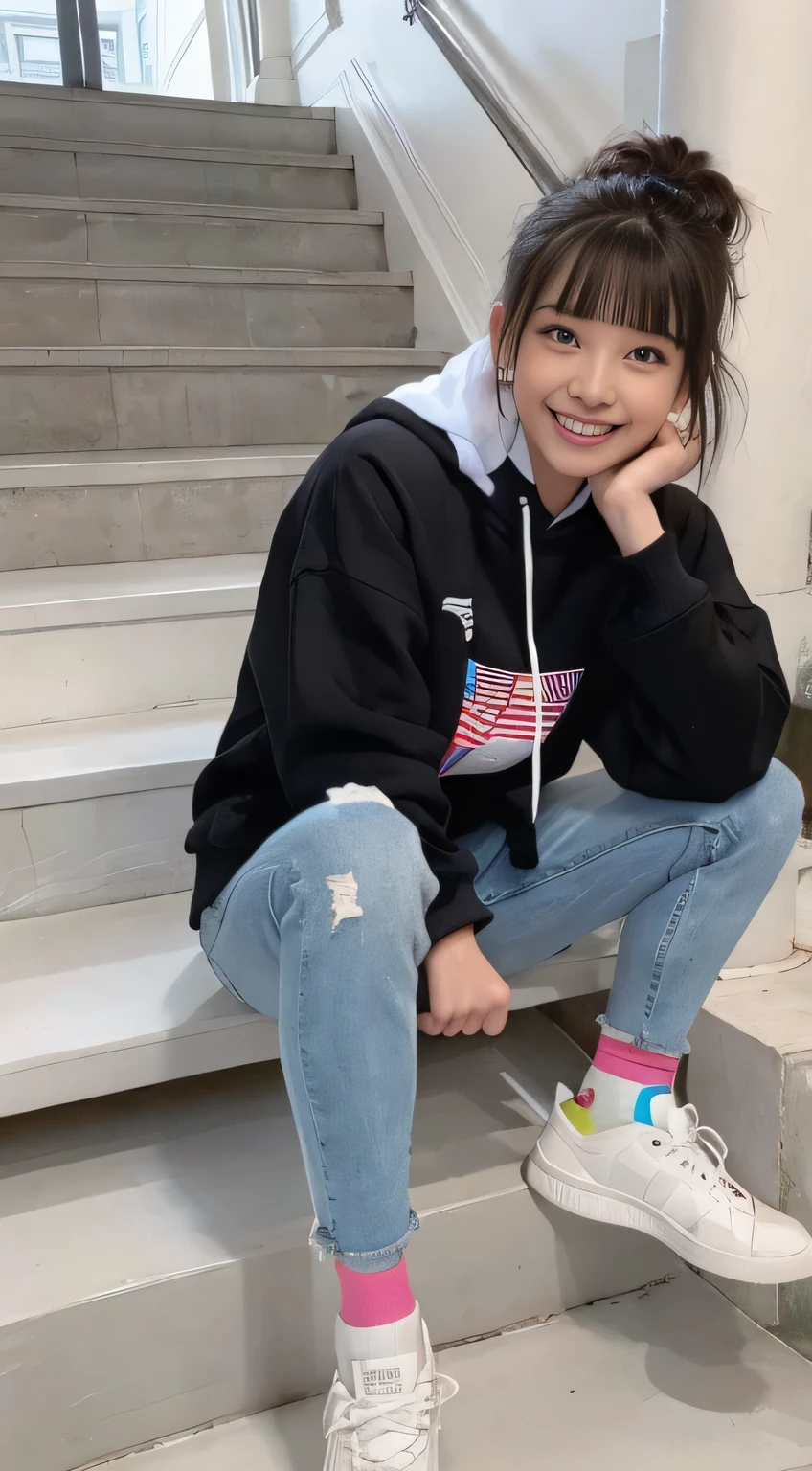 highest quality, Realistic, Very detailed, Finer details, High resolution, 8k wallpaper, One beautiful woman,Sit on the stairs、（Wear black socks）smile、（Beautiful teeth alignment、）（Gums are visible） Oversized hoodie, Skinny jeans,（ Black sneakers）、Black Hair、 Beautiful Bangs、ear piercing、Perfect dynamic composition, Beautiful and detailed, Full Body Shot, A big smile Wearing colorful socks