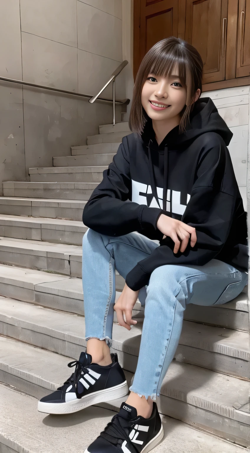 highest quality, Realistic, Very detailed, Finer details, High resolution, 8k wallpaper, One beautiful woman,Sit on the stairs、（Wear black socks）smile、（Beautiful teeth alignment、）（Gums are visible） Oversized hoodie, Skinny jeans,（ Black sneakers）、Black Hair、 Beautiful Bangs、ear piercing、Perfect dynamic composition, Beautiful and detailed, Full Body Shot, A big smile Wearing colorful socks