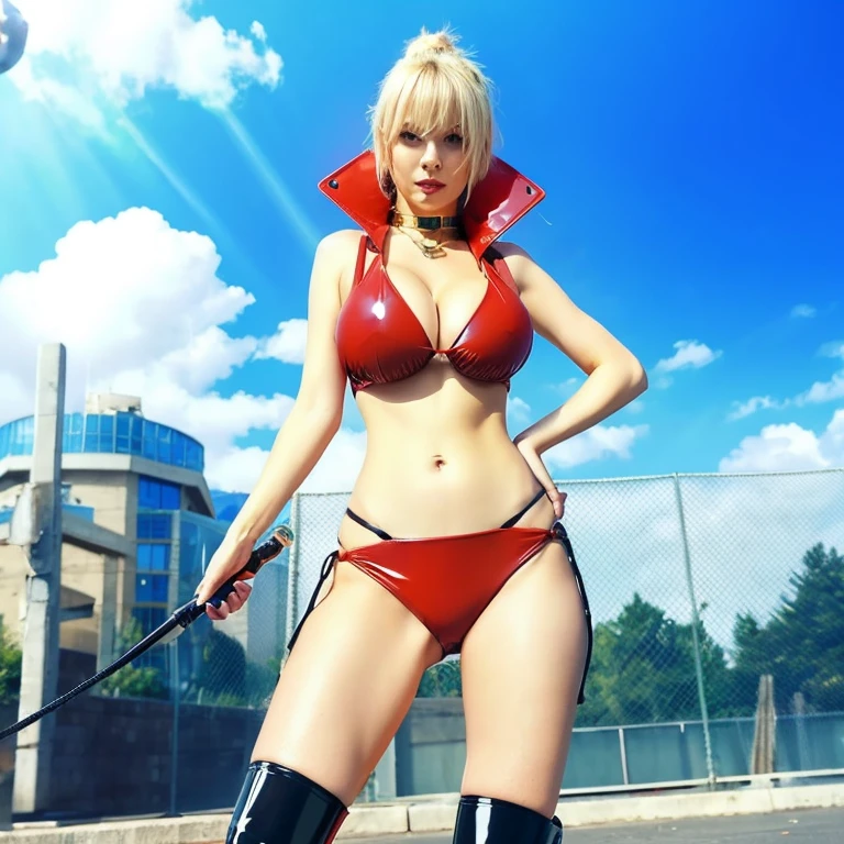{{Collar up}},latex, bikini,No sleeve, Cleavage, Knee Boots