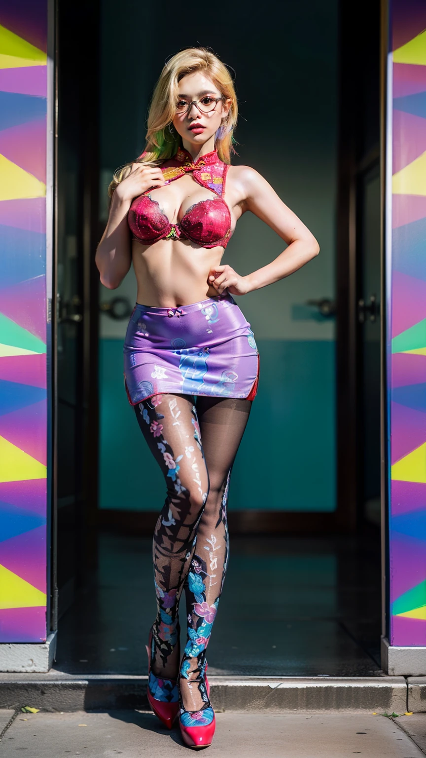 Black shot hair,(full body:1.5),(((only one girl)):1.4),(view the viewer:1.4),((anatomy correct):1.45),(((dancing in the top tower, Perfectly integrated background))):1.3),(she wears large glasses and Holding pantie & Bra in her hand:1.2),(shy:1.15),((red cheongsam's set):1.2),(((((((patterns)))))) ,((thick pantyhose)):1.3),( Uniform high heels leather shoes with bows for female students:1.1),((Long legs and large chest):1.3),((((colorful))):1.4),(Accurate and perfect face:1.3),((blonde):1.2),hyper HD, Ray traching, reflective light, structurally correct, Award-Awarded, high detail, lighten shade contrast, Face lighting ,cinematic lighting, masterpiece, super detailing, high quality, high detail, best quality, 16k,High contrast,