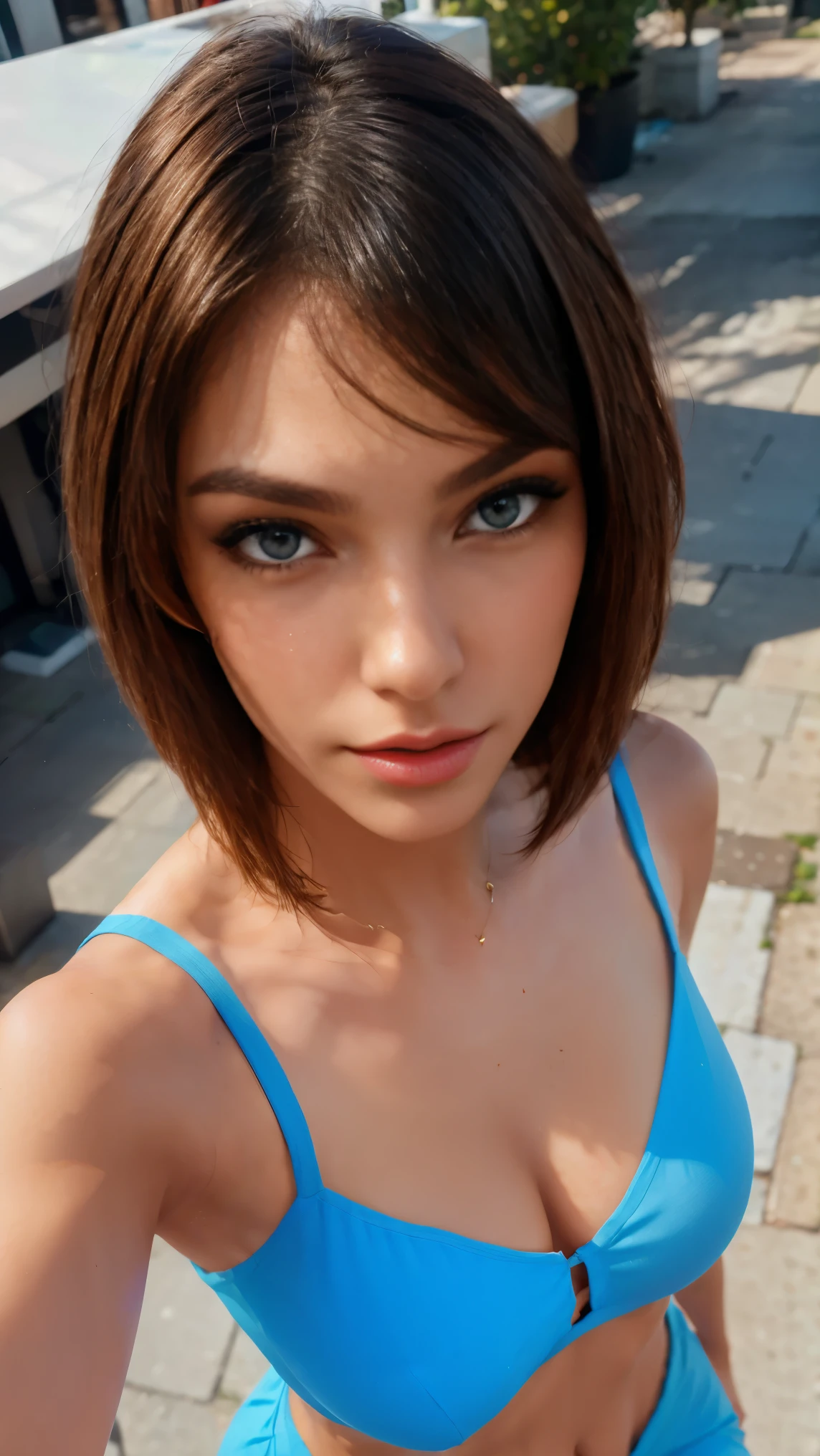 (selfie, top view: 1.4), (straight full of the body: 1.4), RAW UHD selphie photo. beautiful woman of 35 years old, short shoulder length hair (bob), pale white skin (highly detailed), bright blue eyes, perfect body, makeup, red lips, ((small breast)). Walking down a light alley, city at day,details (textures! , hair! , glitter, color!! , disadvantages: 1.1), glossy eyes with high detail (looking at the camera) depth of field, Iphone grain (center), crystal clear, frame center, beautiful face, sharp focus, bokeh (dimly lit), day, (blue sky), detailed skin pores, oily skin, sunburn, complex eye details, full body, large breasts, selfie mod, professionnal, white shirt, full body, say“shh”with her finger.