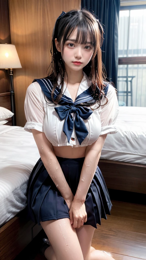 muste piece, best quality, illustration, Super detailed, fine details, High resolution, 8K,wall paper, perfect dynamic composition,(Details High quality, realistic depiction of eyes:1.3), short hair, (wavy hair:1.2), (Black Sailor Uniform, serafuku, Navy pleated skirt), (nup, wet:1.2), huge breasts, black hair color, Big Natural Color Lip, bold sexy pose, crying a little、cold gaze, Harajuku style、20 year old girl、cute type、ta、beautiful legs, hotel room, full body photo、focus on crotch, hposing Gravure Idol