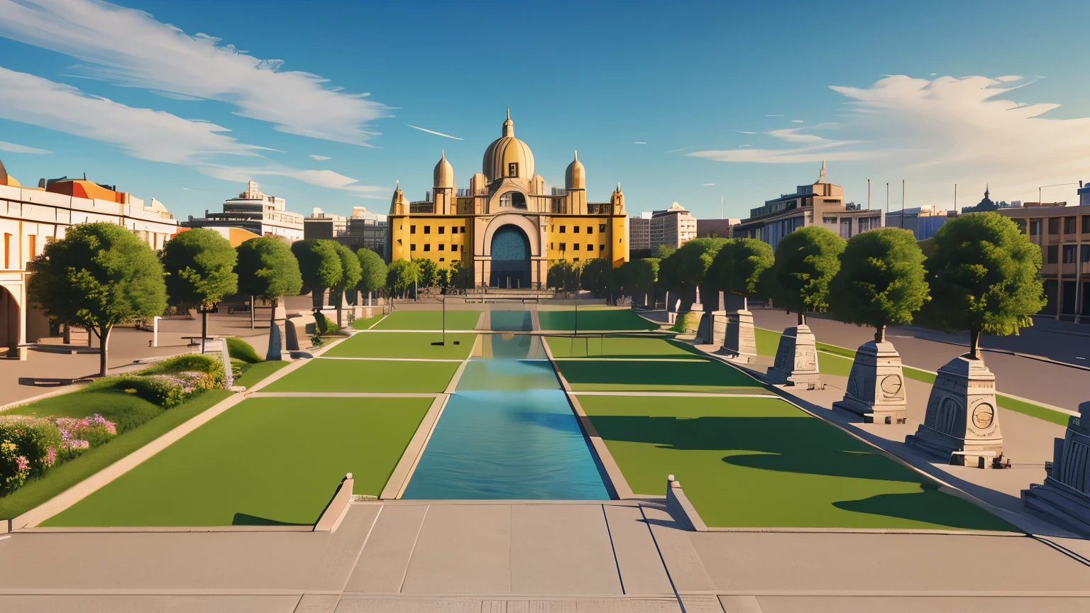 3D image of an esplanade in the foreground, the esplanade is covered by mosaics with drawings and sculptures from the Aztec civilization, year 1455, colorful HD

