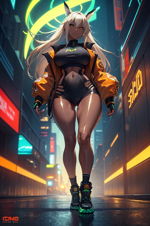 Shot from below, Standing with your legs apart, Standing with feet shoulder-width apart, Cute girl, highest quality, Ultra - High resolution, Highly detailed CG, 8k unit wallpaper, 18-year-old, Careful and gentle eyes, Delicate and beautiful smile, Platinum Blonde Hair, Asymmetrical Hair, (Dark Skin:1.5), (Shiny body:1.5), rabbit ears, (loose socks, big breasts), (Orange motocross jacket with green details, Biker clothes. Detailed design), Double Peace, vivid colors, professional, stunning lighting, striking composition, dynamic pose, intense gaze, vibrant background, concept art style, surreal colors, dreamlike atmosphere, realistic details, intricate patterns, stylish and fashionable, glowing neon lights, futuristic setting, urban landscape, high contrast, energetic brushstrokes, contrasting textures, illuminated cityscape, cinematic quality, atmospheric depth, depth-of-field effect, graphic novel aesthetic, visually captivating.