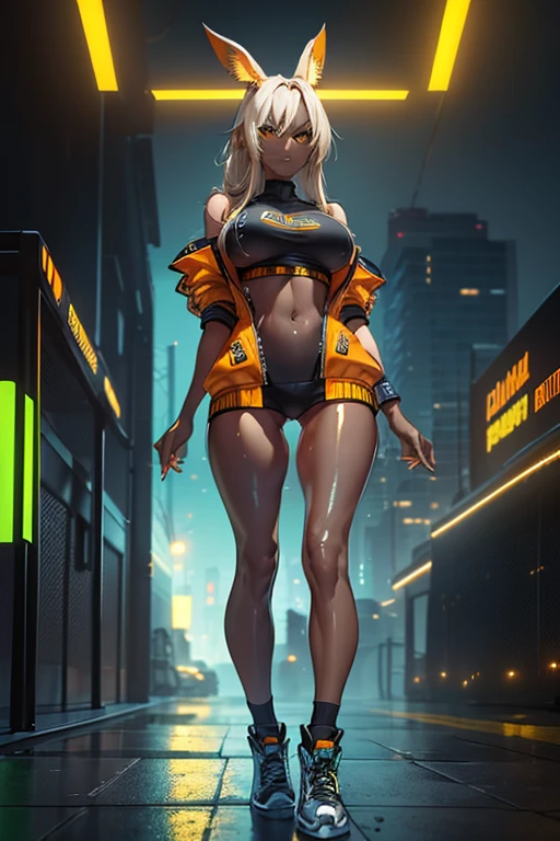 Shot from below, Standing with your legs apart, Standing with feet shoulder-width apart, Cute girl, highest quality, Ultra - High resolution, Highly detailed CG, 8k unit wallpaper, 18-year-old, Careful and gentle eyes, Delicate and beautiful smile, Platinum Blonde Hair, Asymmetrical Hair, (Dark Skin:1.5), (Shiny body:1.5), rabbit ears, (loose socks, big breasts), (Orange motocross jacket with green details, Biker clothes. Detailed design), Double Peace, vivid colors, professional, stunning lighting, striking composition, dynamic pose, intense gaze, vibrant background, concept art style, surreal colors, dreamlike atmosphere, realistic details, intricate patterns, stylish and fashionable, glowing neon lights, futuristic setting, urban landscape, high contrast, energetic brushstrokes, contrasting textures, illuminated cityscape, cinematic quality, atmospheric depth, depth-of-field effect, graphic novel aesthetic, visually captivating.