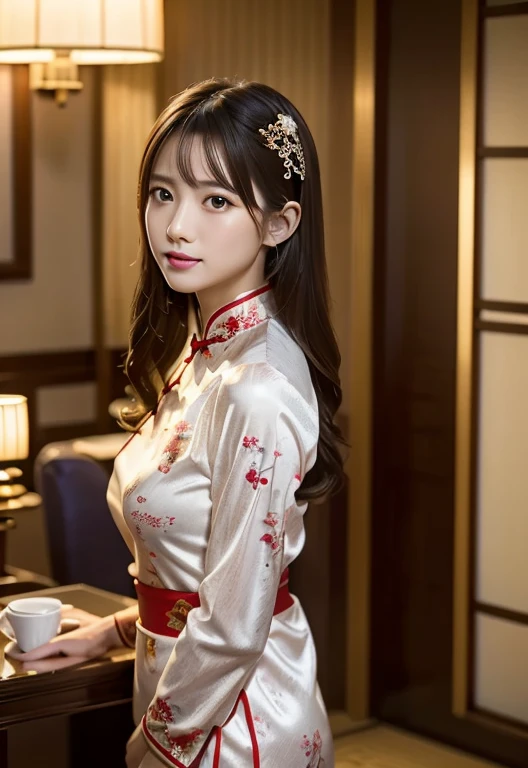 (((Hotel:1.3, indoor, Photographed from the front))), ((long hair:1.3, cheongsam clothes, japanese woman, cute)), (clean, natural makeup), (highest quality, masterpiece:1.3, 超High resolution), (Super detailed, caustics), (realistic:1.4, RAW shooting), very detailed, High resolution, 16K resolution