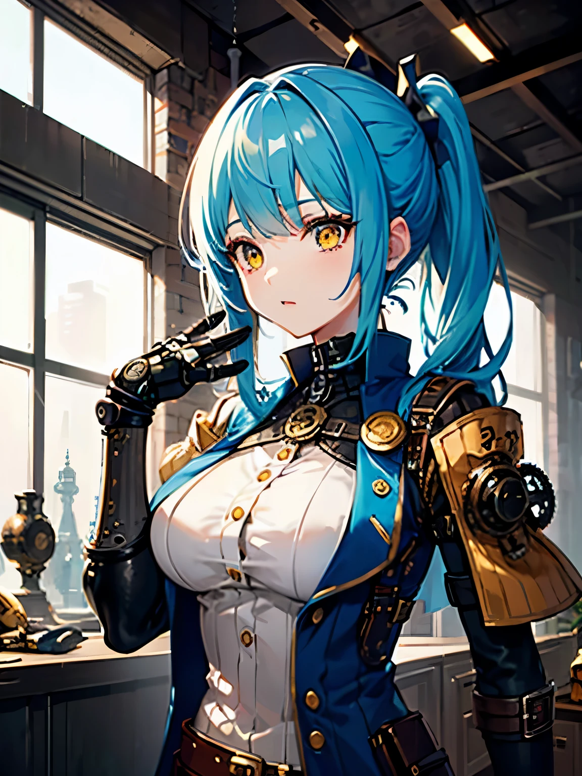 （（（masterpiece、Highest image quality、highest quality、highly detailed unity 8ｋwallpaper）））、（（Illustration of one girl、upper body））、（（（beautiful girl）））、（fantasy、female pirate）、（Light light blue hair、short ponytail：1.2、yellow eyes）、（((Right hand is a prosthetic hand、steampunk prosthetic arm)))、（（tall））、large breasts、（captain&#39;s suit、Pirate hat、) (((Blue coat)))