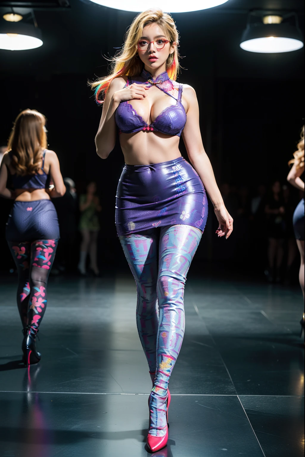 Black shot hair,(full body:1.5),(((only one girl)):1.4),(view the viewer:1.4),((anatomy correct):1.45),(((dancing in the club, Perfectly integrated background))):1.3),(she wears large glasses and Holding pantie & Bra in her hand:1.2),(shy:1.15),((red cheongsam's set):1.2),(((((((patterns)))))) ,((thick pantyhose)):1.3),( Uniform high heels leather shoes with bows for female students:1.1),((Long legs and large chest):1.3),((((colorful))):1.4),(Accurate and perfect face:1.3),((blonde):1.2),hyper HD, Ray traching, reflective light, structurally correct, Award-Awarded, high detail, lighten shade contrast, Face lighting ,cinematic lighting, masterpiece, super detailing, high quality, high detail, best quality, 16k,High contrast,