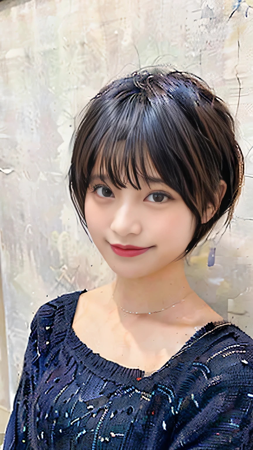 (highest quality、32k、masterpiece、Ticker:1.2)、One Woman、((Beautiful Japanese Woman))、(beautiful girl)、Tight waist、Black tight knitwear、Decollete line、20th Generation、A white room bathed in the morning sun、（Cute pose:1.2)、(smile:1.5)、（Smile at the person you like:1.5）