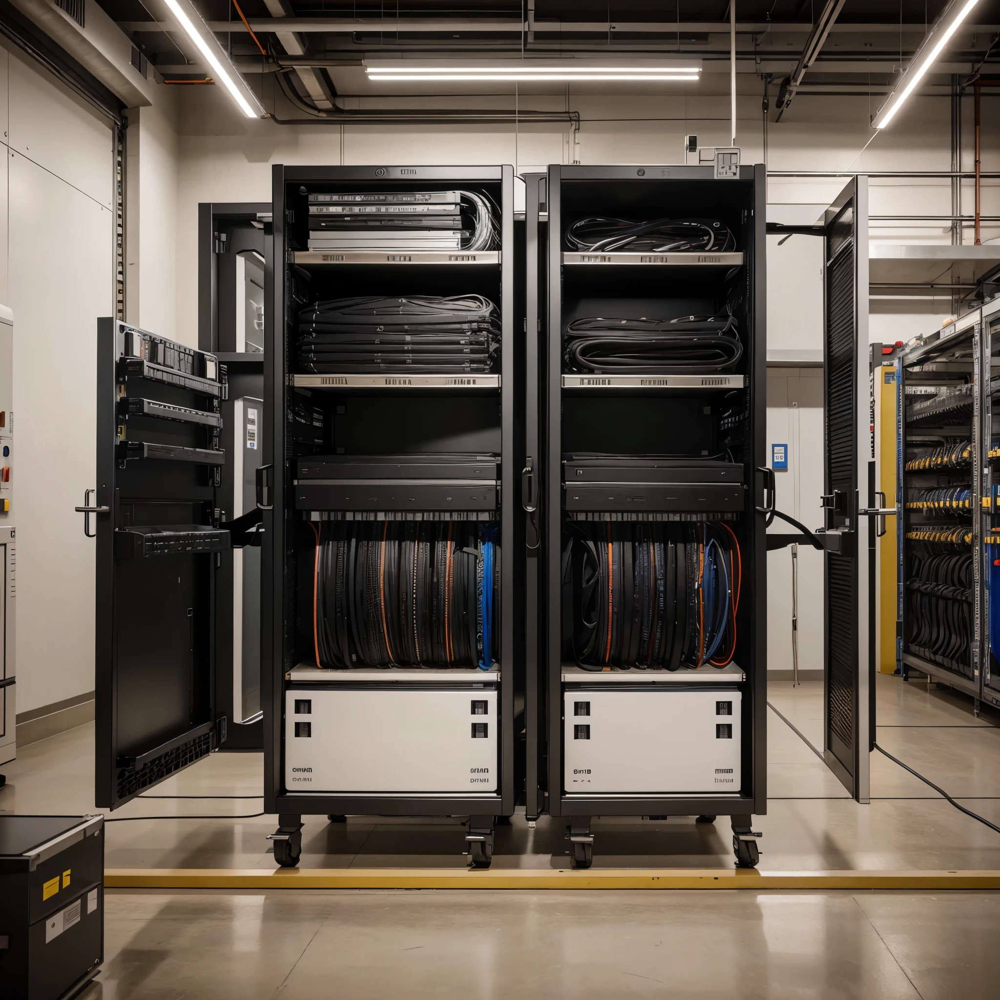 a server rack full with data cables, interior da fabrica, production line, moderno, real, realista, fotografia, 8k