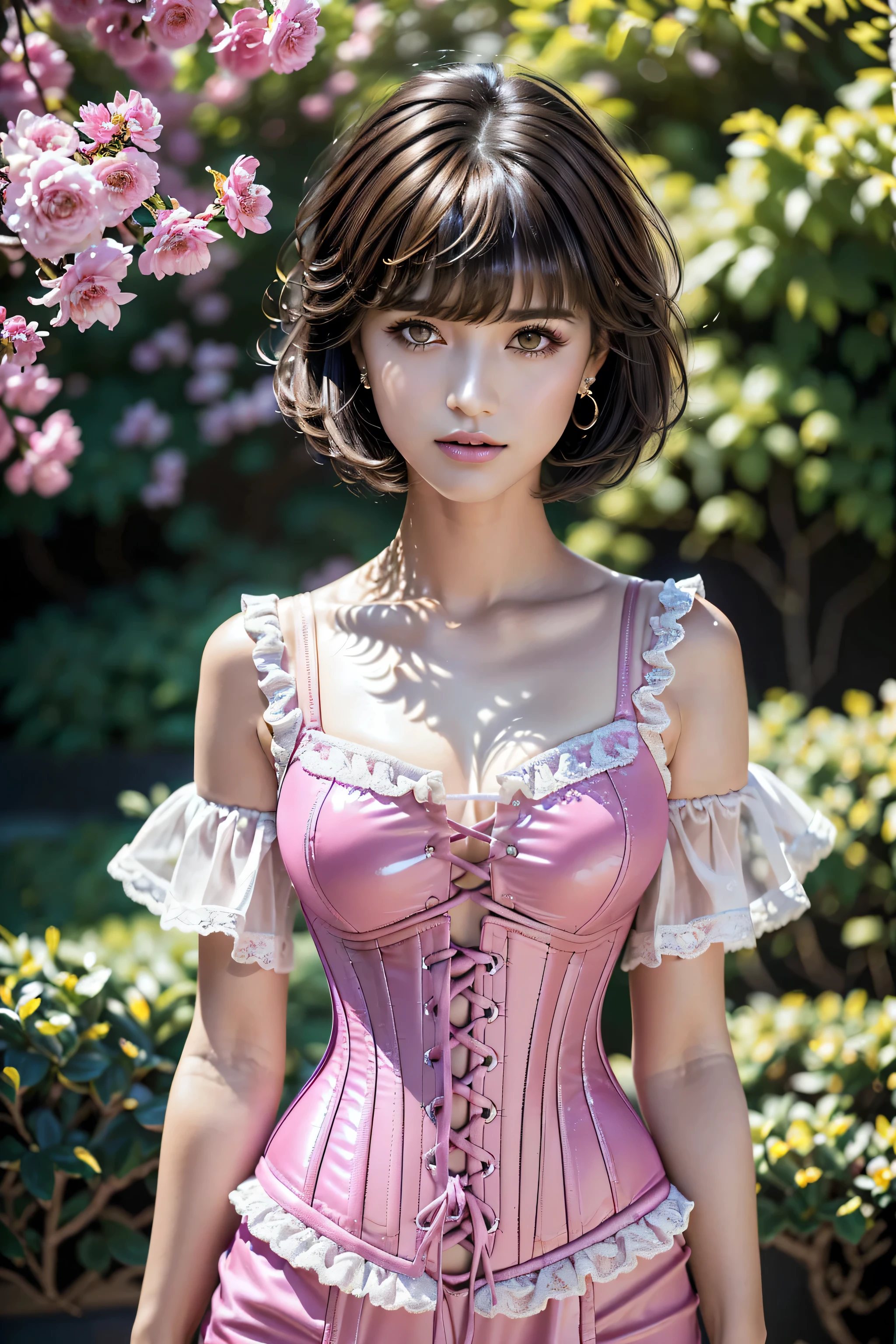 Divide Ratio : 1,1,1 Base Ratio : (a girl in a garden:1.22),((European fashion supermodel),(high quality:1.4),(photo realistic:1.4),(Hyper-realistic:1.4),(sharp focus), (highest resolution),HDR,(the most absurd quality),(masterpiece),(Dramatic lightning:1.3),((excellent dynamic composition, professional camera work: 1.4)),((physically-based rendering flowers in the background:1.3)),BREAK (Increase quality:1.3), (best quality real texture skin:1.35),(best quality texture hair:1.3),((short bright dark hair((bangs swept to the two side)), extremely detailed:1.44)),((small head: 1.4)),(slim face),(perfect proportions),(anatomically correct),(perfect female body),(slim-muscled body:1.23),(Super beautiful face),(realistic face),(highly detailed face), (brown_eyes:1.4), absurd(ultra detailed eyes),(tired and sleepy and satisfied:0.0), eye with a digital rendering, perfect round eyes,finely detailed pupils, detailed lips:1.3, Detailed nose:1.2,BREAK (pink_makeup:1.25),BREAK,(magenta lace-up corset), (white color dress), (lace-up dress), (magenta: lace-up), (white: latex pants), Intricately detailed:1.25),((Exposing thighs)),long legs,(Erotic:1.6),(firm normal breasts:1.2),relaxed expression,(dainty jewelry),friendly atmosphere,detailed background,harmonious colors,subtle shadows,peaceful ambiance,gentle breeze,lush garden,beautiful flowers,delicate features,rosy cheeks,bright and beautiful smile, Hasselblad, 130mm f/4.0