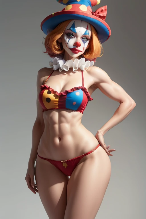 A full body photo shows a focus in a woman ass, harlequin hat, clown makeup, red clown nose, blue eyes, muscular body, clown,🤡,small shoulder, slim waist, wide hips, thick legs wearing a colorful top and red panties, back view