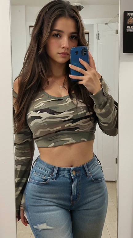 xoaeriel, a beautiful woman with wavy brown hair, ojos azules, nariz redonda,mano perfecta de la mejor calidad, foto realista, ((selfie con celular en el espejo)), vistiendo ropa sexy,((usando ropa de camufraje)),jeans camufrajes,guantes negros hasta el codo,hiperealista