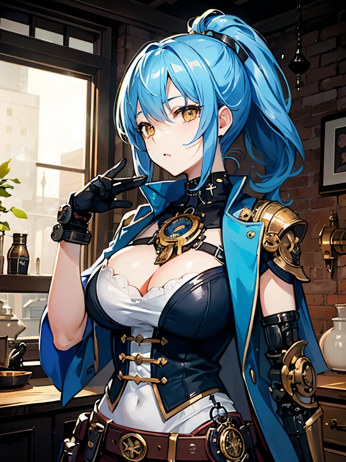 （（（masterpiece、Highest image quality、highest quality、highly detailed unity 8ｋwallpaper）））、（（Illustration of one girl、upper body））、（（（beautiful girl）））、（fantasy、female pirate）、（Light light blue hair、short ponytail：1.2、yellow eyes）、（((Right hand is a prosthetic hand、steampunk prosthetic arm)))、（（tall））、large breasts、（captain&#39;s suit、Pirate hat、) (((Blue coat)))