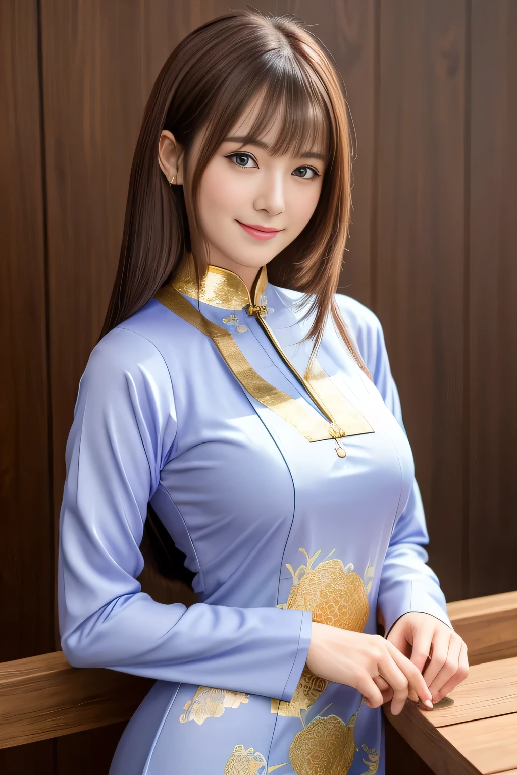 masterpiece, Multiple mature women per photo, Front view, Cute Japanese middle-aged woman, Long Bob Hair, (Lavender-colored dragon-patterned ao dai), Very cute face, Glossy Lips, Double eyelids on both eyes, Natural Makeup, Brown Hair, Asymmetrical bangs, High resolution, Attention to detail, Detailed hairstyle, Detailed face, Octane Rendering, Ultra-realistic, Perfect limbs, Black choker, Blue Eyes, Big Breasts, ((Slim body:1.5)), Cool Beauty, ((Slim face)), smile, ((Straight Long Hair)), Mature sex appeal, ((Gold coins)),Big breast swelling、NSFW:-1.2, Wood grain table, Wooden wall, Sticker