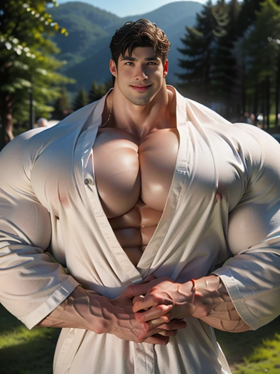 (best quality:1.5, hyperrealistic:1.5, photorealistic:1.4, madly detailed CG unity 8k wallpaper:1.5, masterpiece:1.3, enthusiastically detailed photo:1.2), (hyper-realistic lifelike texture:1.4), highly detailed, ((masterpiece, best quality)) ,extremely detailed 8K wallpaper, 1 korean male, (korean man with k-pop idol look), 20yo, handsome, detailed face, hyper muscle, stubble, wear religious robe, prominent bulge, photo real, illuminating light, big, brutalmass, giant muscular bodybuilder, bulk, massive body, large size, smile, religion dome field, outdoor