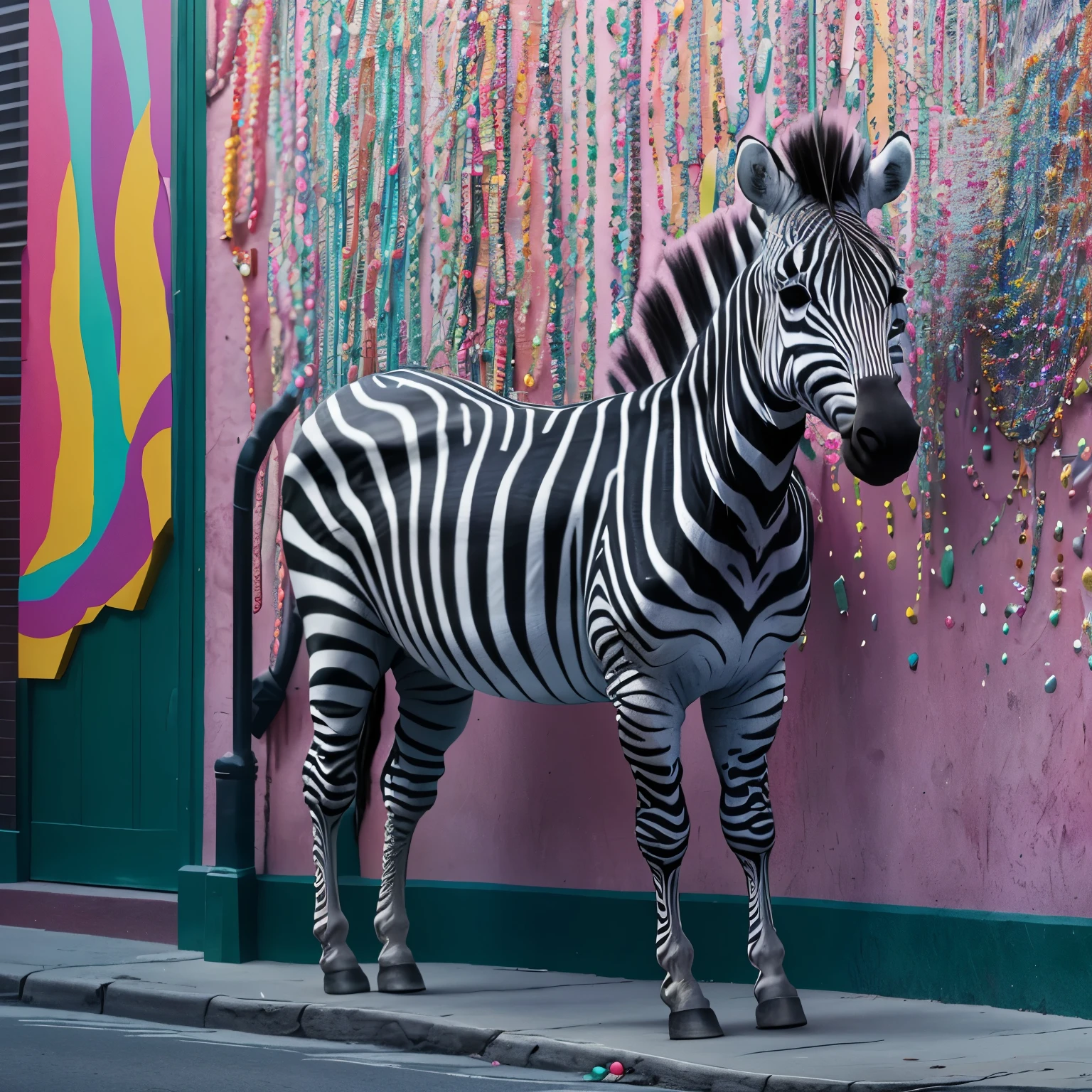 A lifelike zebra, standing before the iconic Seattle gum wall, blows a bubble of vibrant gum in a striking contrast against the colorful, eclectic background, creating an electrifying, surrealist moment, Hiper realista, ultra detallada, 8K.