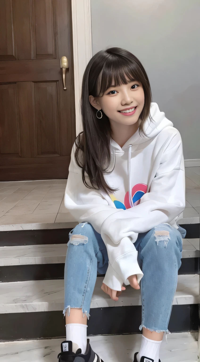 highest quality, Realistic, Very detailed, Finer details, High resolution, 8k wallpaper, One beautiful woman,Sit on the stairs、（Wear black socks）smile、（Beautiful teeth alignment、）（Gums are visible） Oversized hoodie, Skinny jeans,（ Black sneakers）、Black Hair、 Beautiful Bangs、ear piercing、Perfect dynamic composition, Beautiful and detailed, Full Body Shot, A big smile Wearing colorful socks