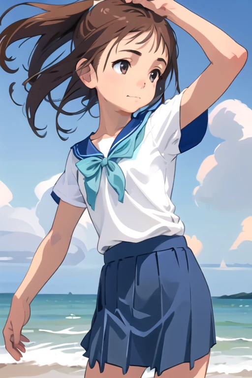 1girl, solo, standing upright, hands down, (from front:2), medium brown hair,  closed mouth, small breasts, flat chest, arms behind back, sea-blue skirt, pleated skirt, blue sky,