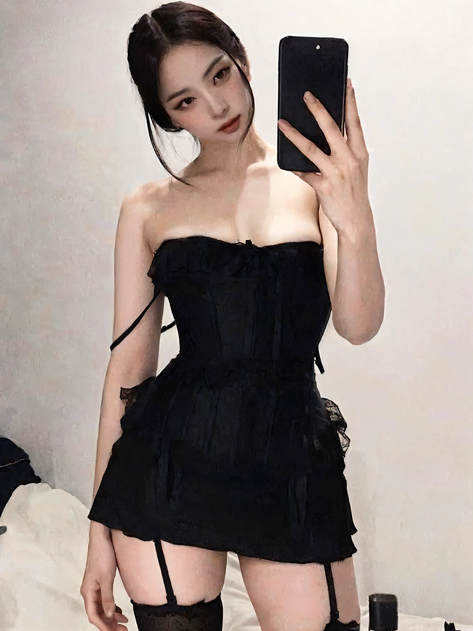 there is a woman in a black corset posing for a picture, corset, wearing corset, dilraba dilmurat, elegant corset, 1 8 son, vestido sexy, vistiendo un vestido negro, very tight corset, xianxia de cuerpo completo, ella lleva un vestido negro, Jennie rosa negra, tumblr, cruel korean gothic girl, Wenfei Ye, en vestido