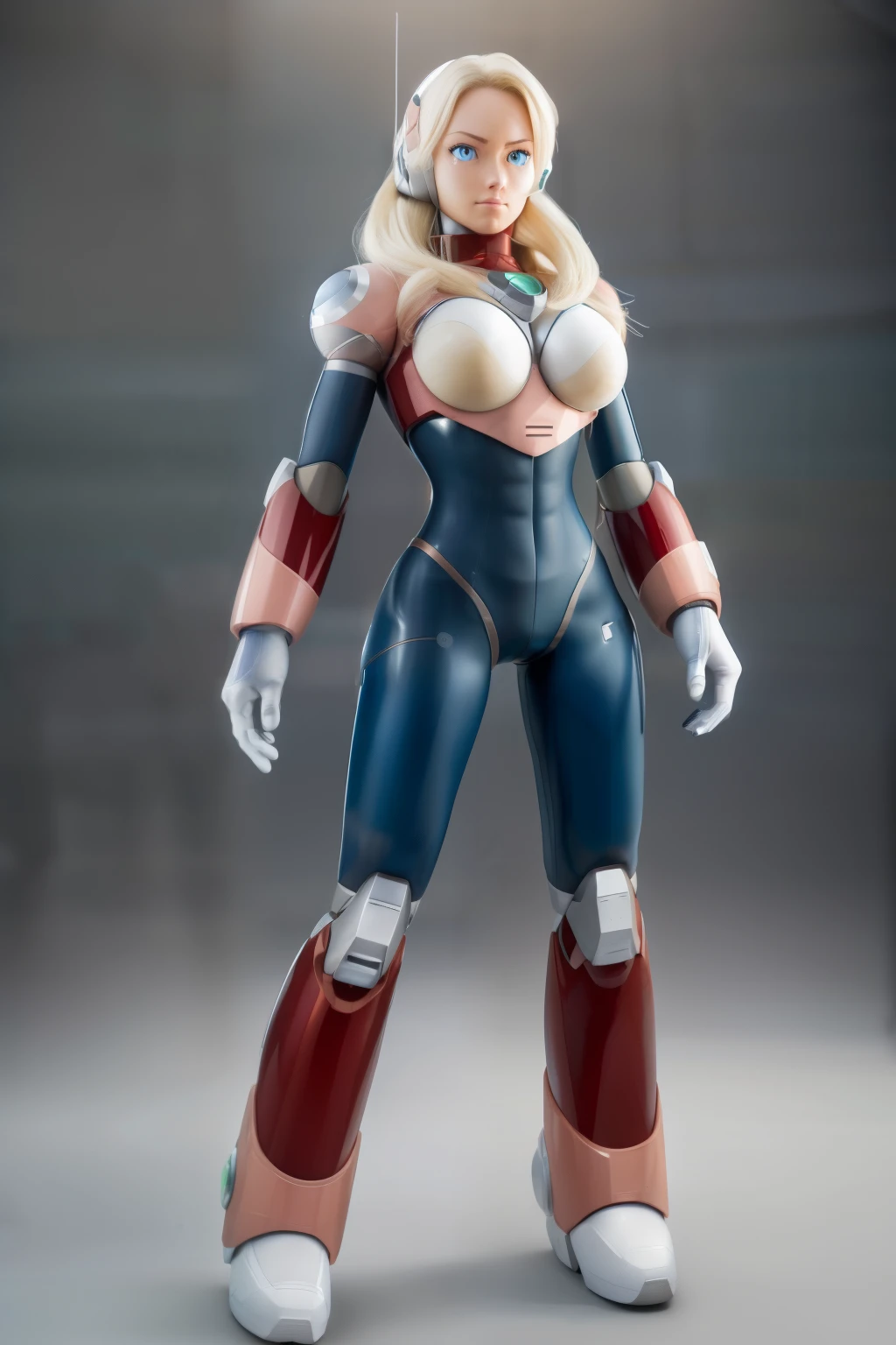 ultra detailed of a woman cyborg, 1girl, (natural skin texture, realistic eye details:1.2) alias_mega manx, alone, breasts, blue eyes, blonde hair, Android, long hair, robot ears, stand at attention, neutral stance, artwork, high quality, hypnotized, blank expression, mannequin