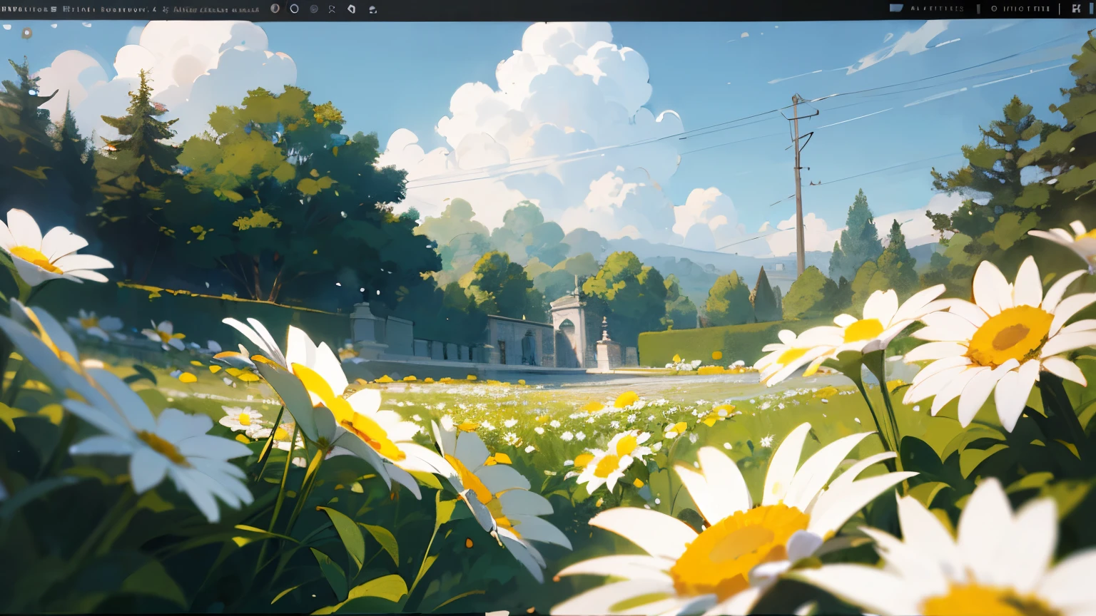 Masterpiece CG, Best image quality and detail, Photorealism (1.4).,in the garden, Surrounded by daisies, The picture adopts artistic thick painting style, Softer brightness, 4K HD Wallpaper, Better volumetric cloud effect., Don't have anyone