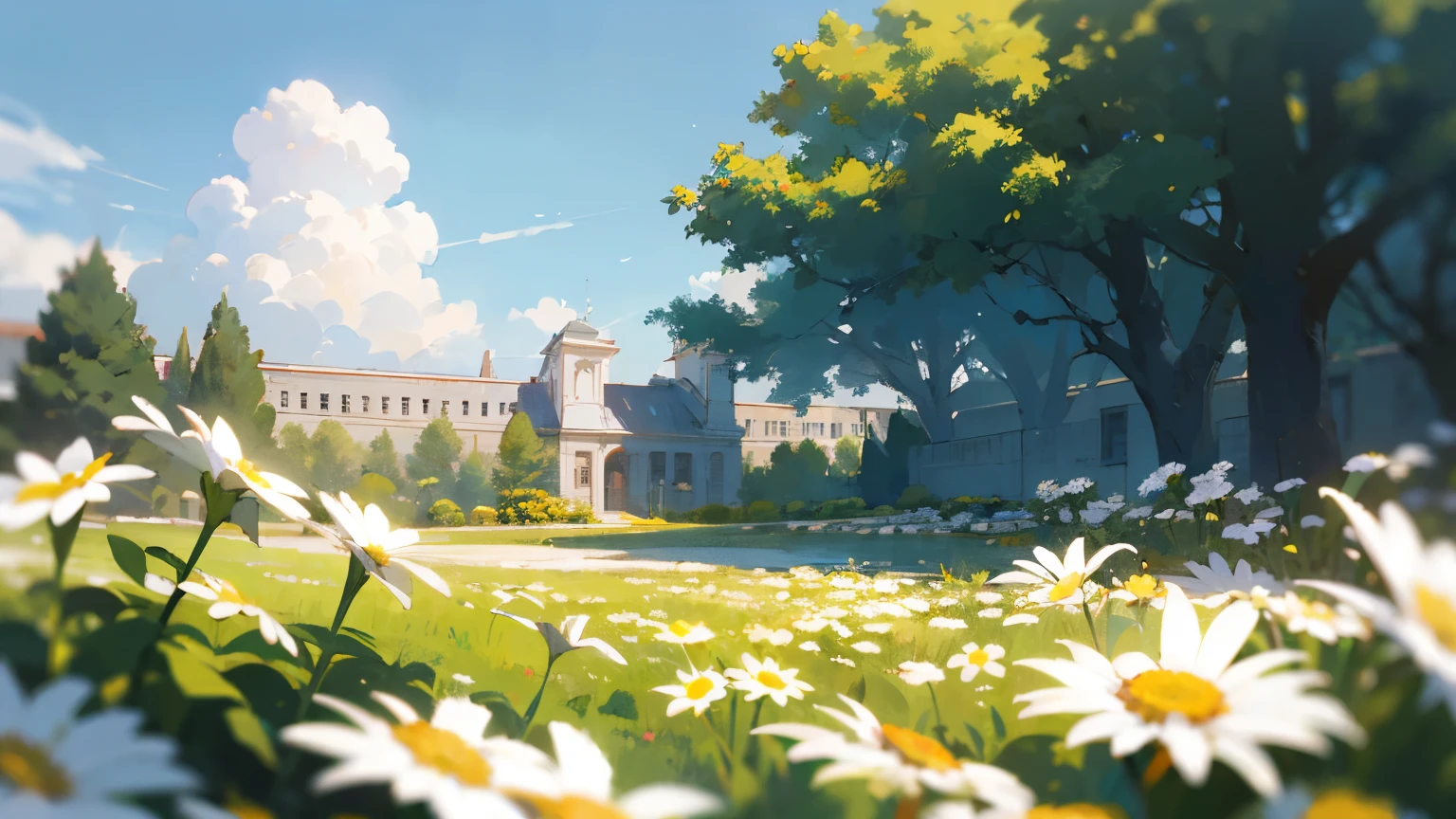 Masterpiece CG, Best image quality and detail, Photorealism (1.4).,in the garden, Surrounded by daisies, The picture adopts artistic thick painting style, Softer brightness, 4K HD Wallpaper, Better volumetric cloud effect., Don't have anyone