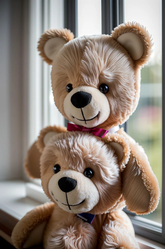 (Style - Depth of Field:1.4) Teddy bear product photo, morning light shining through the window, (prospect:1.3),  (masterpiece) (highest quality) (detailed) (Complex)、Duffy、cute、smile
