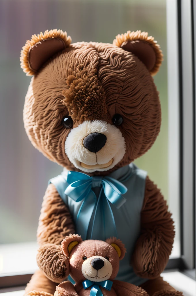 (Style - Depth of Field:1.4) Teddy bear product photo, morning light shining through the window, (prospect:1.3), (masterpiece) (highest quality) (detailed) (Complex)、Duffy、cute、smile