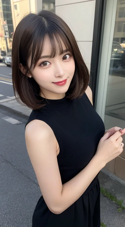 masutepiece, Best Quality, Illustration, Ultra-detailed, finely detail, hight resolution, 8K Wallpaper, Perfect dynamic composition, Beautiful detailed eyes, Women's Fashion Summer,Shorthair,,Natural Color Lip, Bold sexy poses,Smile,Shinjuku、20 years girl、Cute、Sexy shot looking at camera、The camera shoots from above the subject