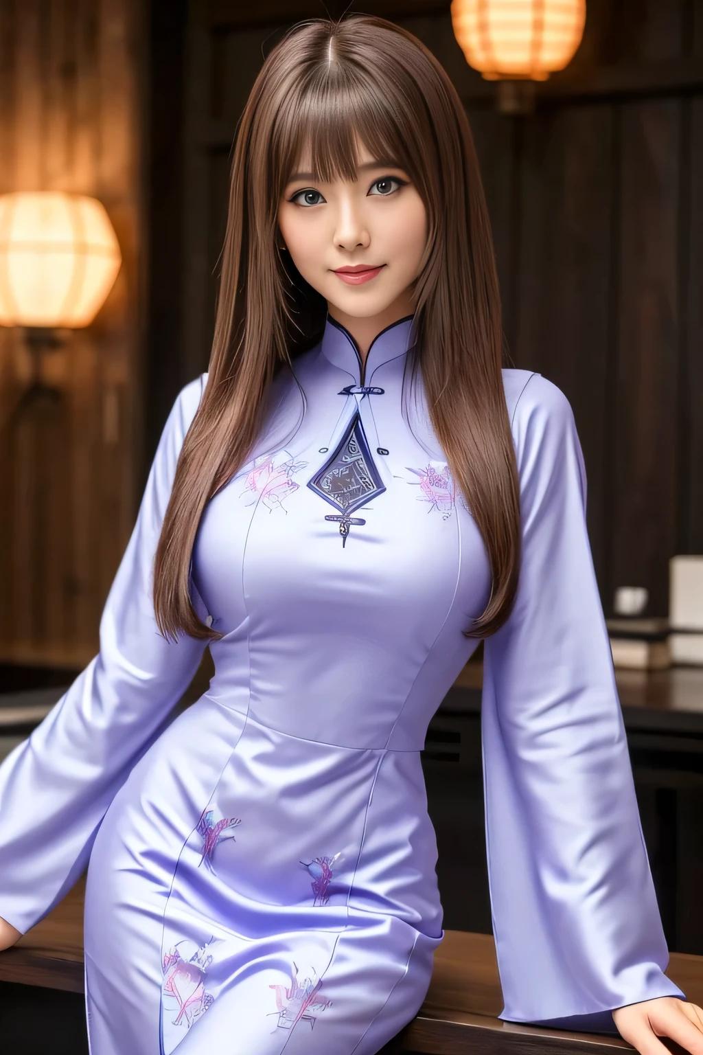 masterpiece, Multiple mature women per photo, Front view, Cute Japanese middle-aged woman, Long Bob Hair, (Lavender-colored dragon-patterned ao dai), Very cute face, Glossy Lips, Double eyelids on both eyes, Natural Makeup, Brown Hair, Asymmetrical bangs, High resolution, Attention to detail, Detailed hairstyle, Detailed face, Octane Rendering, Ultra-realistic, Perfect limbs, Black choker, Blue Eyes, Big Breasts, ((Slim body:1.5)), Cool Beauty, ((Slim face)), smile, ((Straight Long Hair)), Mature sex appeal, ((There is a sword on the desk)),Big breast swelling、NSFW:-1.2, Wood grain table, Wooden wall, Sticker